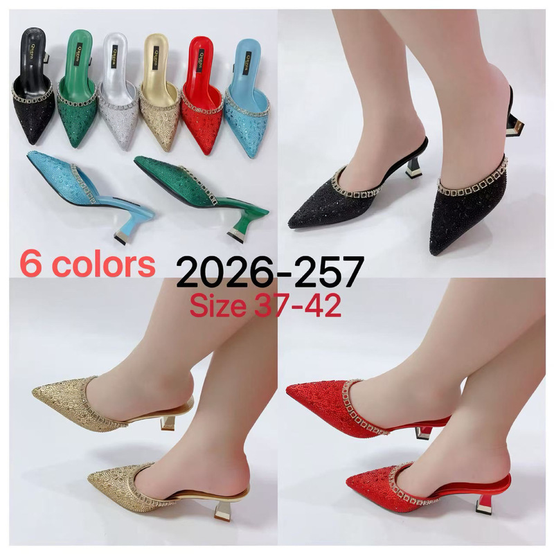 2025 Autumn Foreign Trade Large Size Pointed Toe Shiny Fashion Trend Half Slippers New High Heels for Women