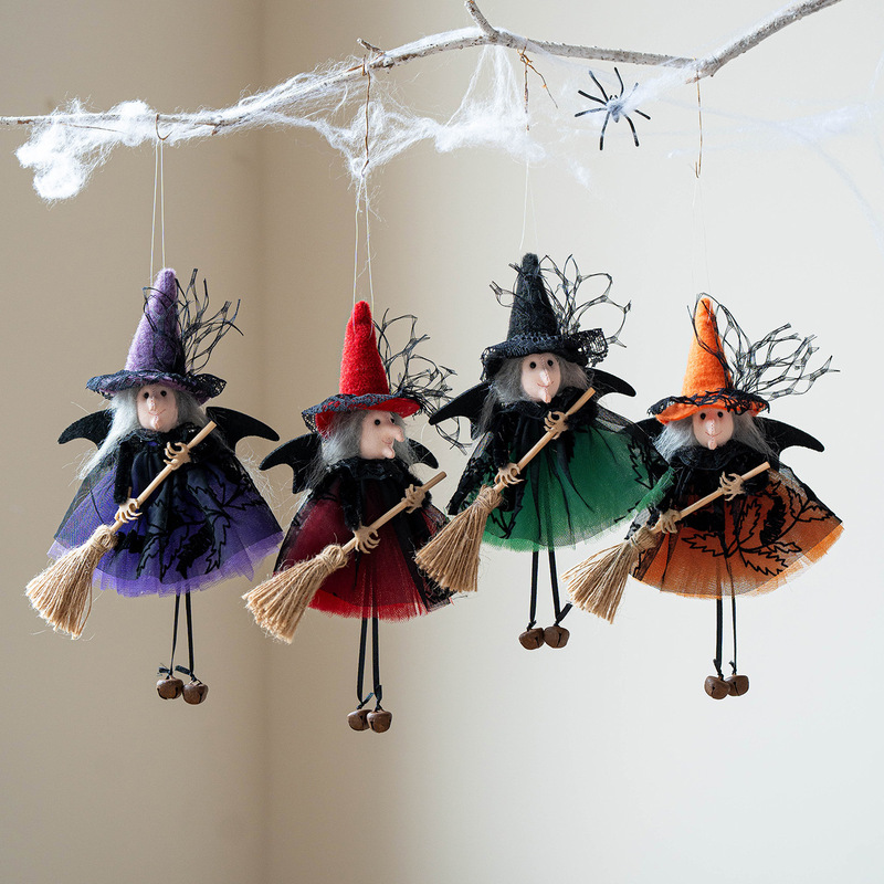 New cross-border purple-orange lace composite witch hat with broomstick witch pendant party hat Halloween gift
