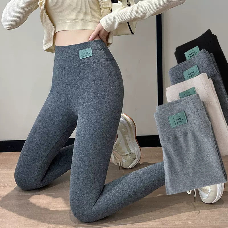 灰色打底裤女外穿春秋纯棉薄款高腰长裤新款紧身弹力大码九分棉裤