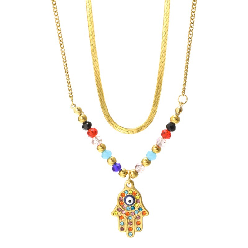 Europeo y americano nuevo estilo de aceite de goteo ojos de Palma de diamantes colgante collar de doble capa de la personalidad femenina todo-fósforo de acero inoxidable Collar chapado en oro image 1