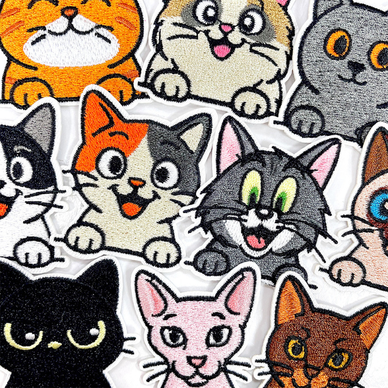 かわいい猫の刺繍布ステッカー、オレンジ猫、三色猫、黒猫など、かわいい表情の粘着アイロン接着パッチ|undefined