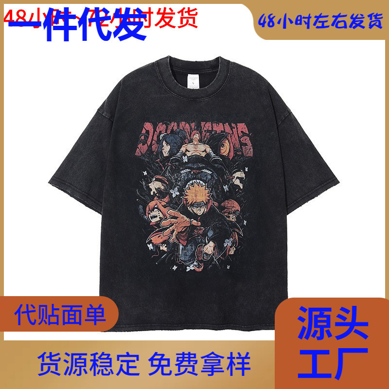 Digital White Ink Huo Shadow Payne Printed Vintage Short-sleeved T-shirt Fried Snowflake Old T-shirt Washed Black High Street Cotton Cartoon Digital White Ink Huo Shadow Payne Printed Vintage Short-sleeved T-shirt Fried Snowflake Old T-shirt Washed Black High Street Cotton Cartoon