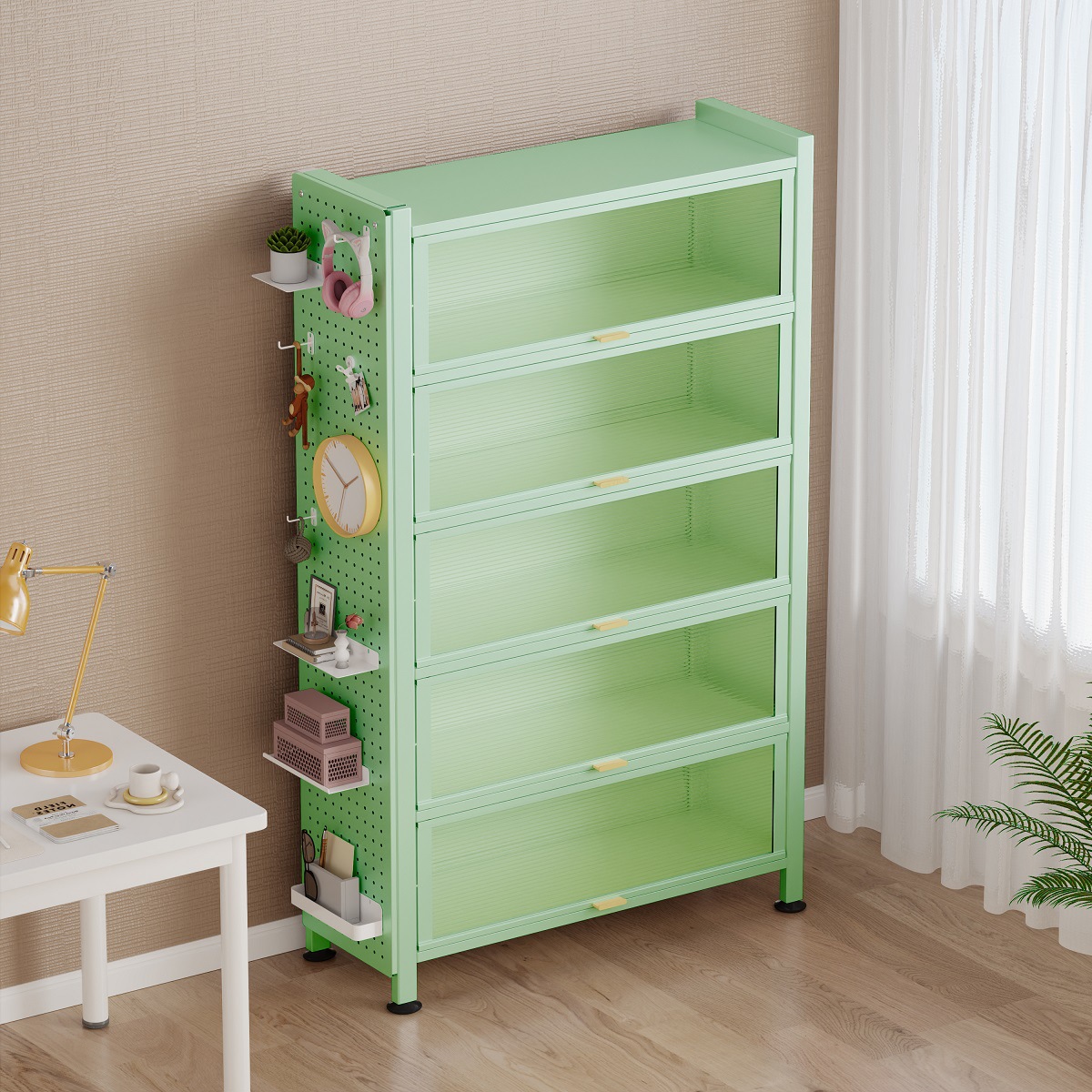 Color Steel Bookcase Children's Study Bookshelf Home Living Room Floor Storage Cabinet Dust-proof Storage Cabinet Storage Rack