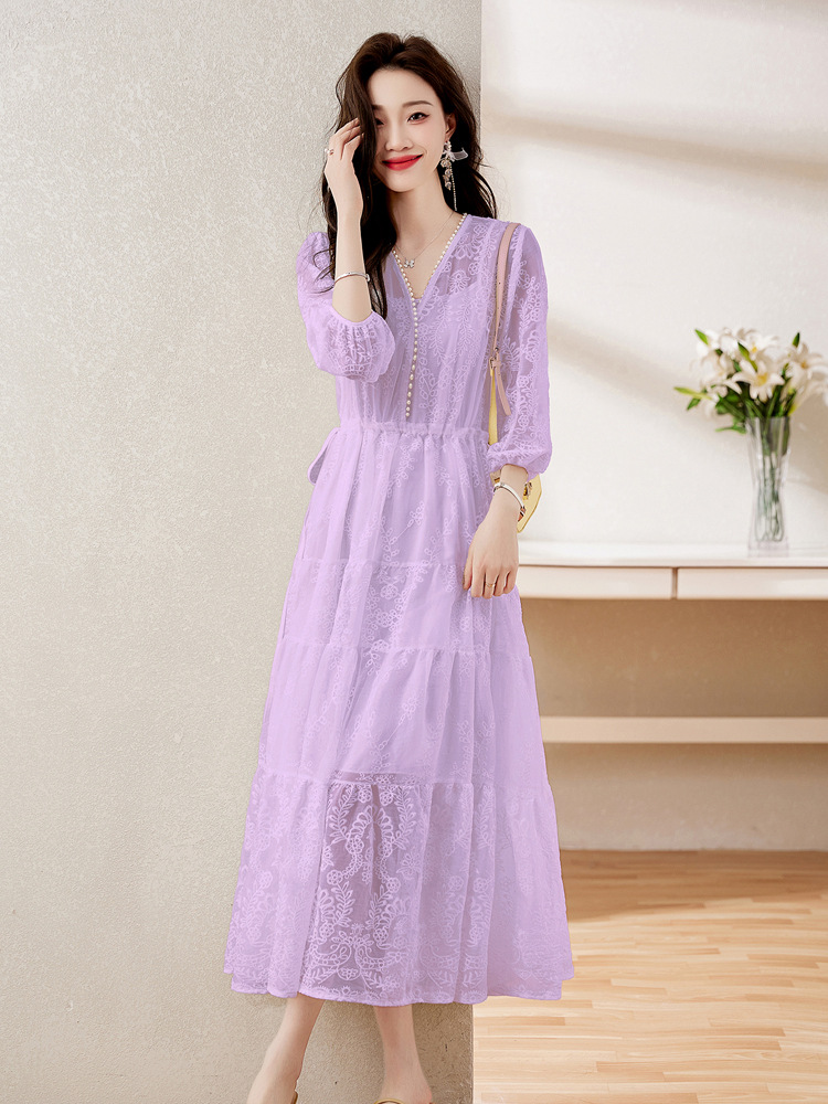 Đầm maxi nữ cổ V thắt eo dáng dài thanh lịch NY1608 — xanh lam, màu tím, màu vàng