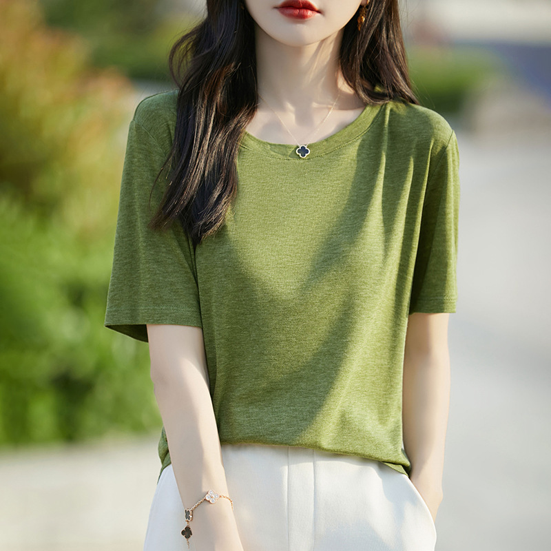 Summer New Style Tencel Lyocell Round Neck Short-Sleeved T-Shirt for Women, Casual and Versatile, Cool and Loose-Fitting Half-Sleeved Inner Top Summer New Style Tencel Lyocell Round Neck Short-Sleeved T-Shirt for Women, Casual and Versatile, Cool and Loose-Fitting Half-Sleeved Inner Top