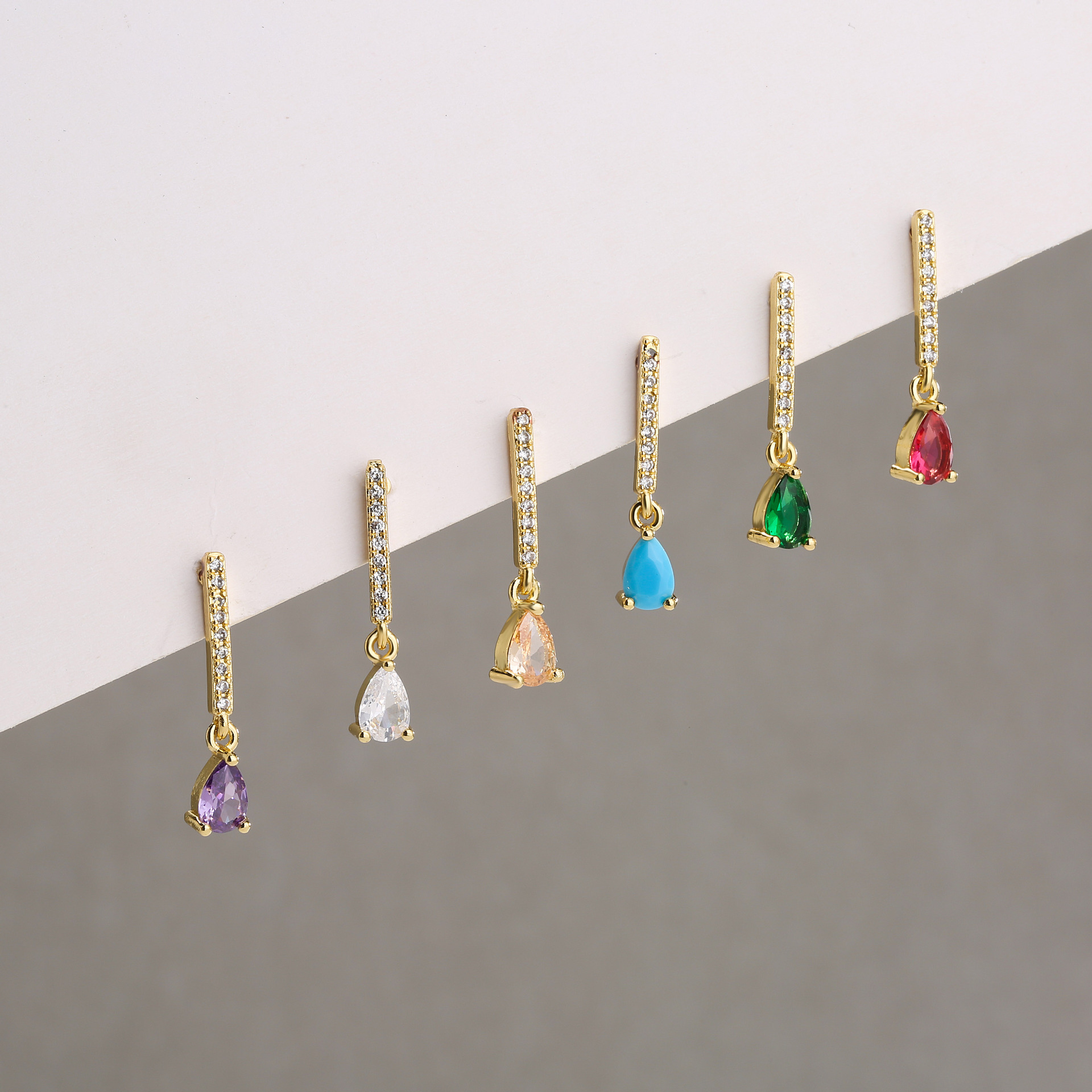 6g Weight Zircon Inlay Material Earrings Classification Wedding, Birthday, Festival Occasion Gem Material Water Droplets Pattern Women'S Gender Fashion Style White, Purple, Green, Blue, Champagne, Black Color Fashion Water Droplets Gem Zircon Earring Sets 无