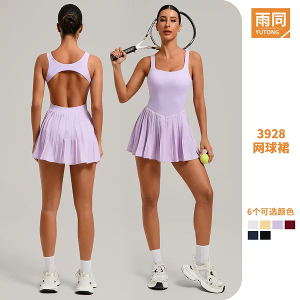 Cross-Border Backless Sports Tennis Dress for Women, Anti-Exposure Pleated Yoga Skirt, Outdoor Fitness Tennis Dress 3928