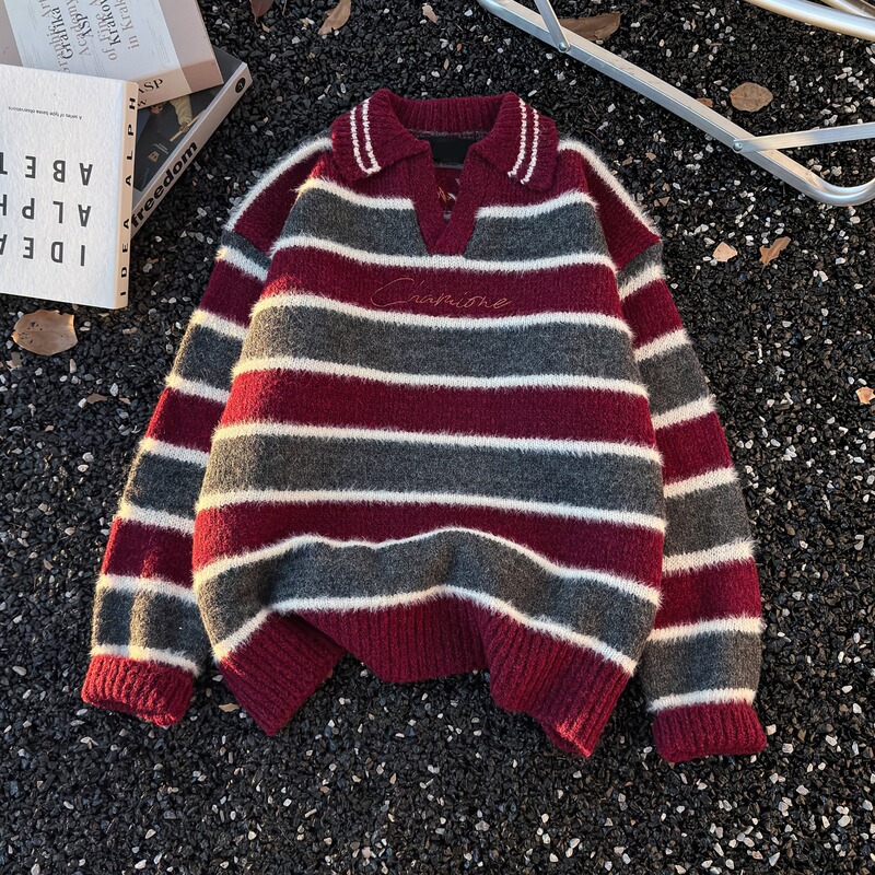 American Retro Polo Collar Color-Block Striped Sweater for Men, Lazy Style, Thickened for Autumn and Winter, Drop Shoulder V-Neck Knit Base Shirt