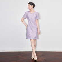 2509704-重工刺绣钉珠蕾丝圆领短袖A字裙南油设计感连衣裙女夏款