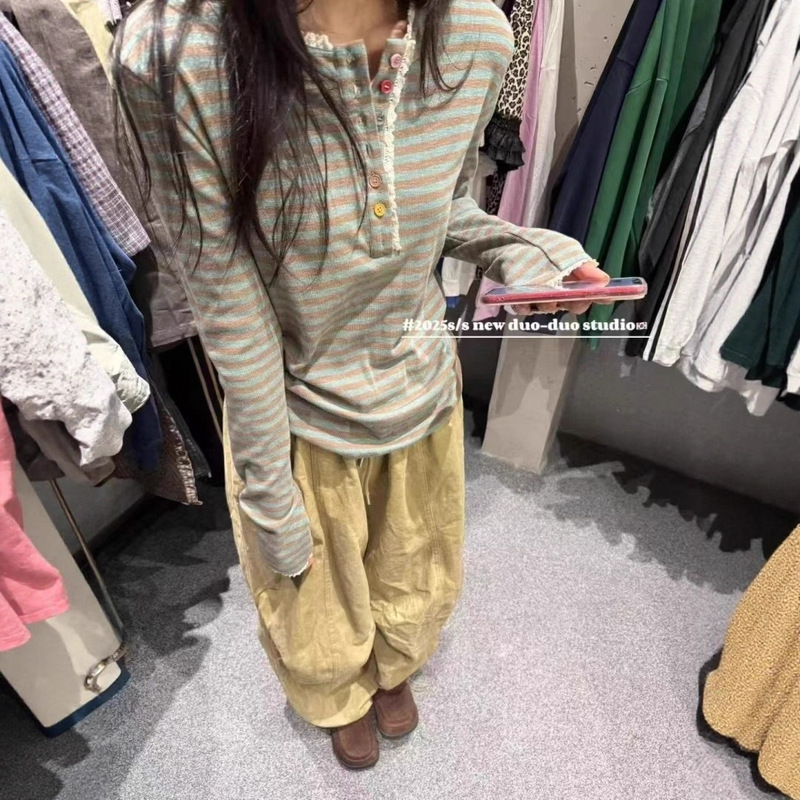Lace Round Neck Color-Blocked Stripesd Long-Sleeved T-Shirt for Women Early Autumn Design Casual Style Slimming Look Versatile Pullover Top Trendy