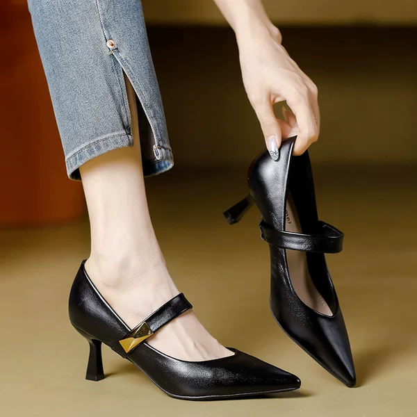 French Style High-Heeled Pointed Not Tired Feet Single-Button Shoes Women's Soft Sheepskin Mary Jane Women's Shoes