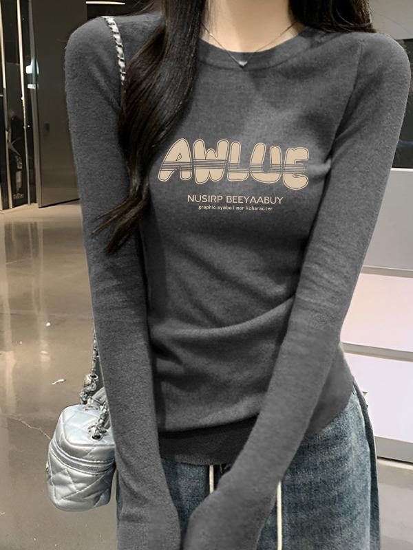高级感灰色纯棉长袖t恤女内搭打底衫秋冬季修身显瘦正肩韩系上衣|undefined