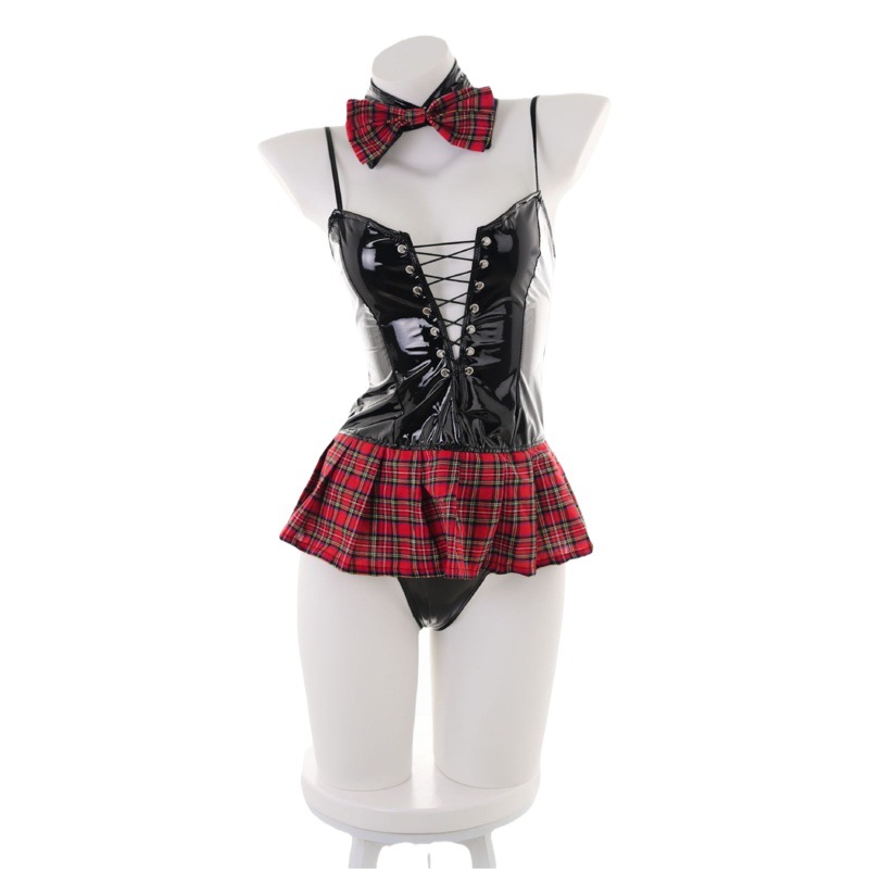 Lencería sexy Correa charol rojo Plaid falda uniforme conejito tentación Correa estudiante uniforme abrigo de cuero