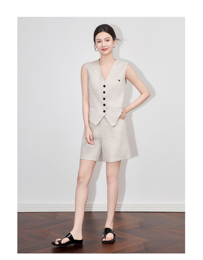 Bộ vest nữ cổ chữ V hai mảnh vải lanh đi làm mùa hè — Màu mơ chi tiết 7