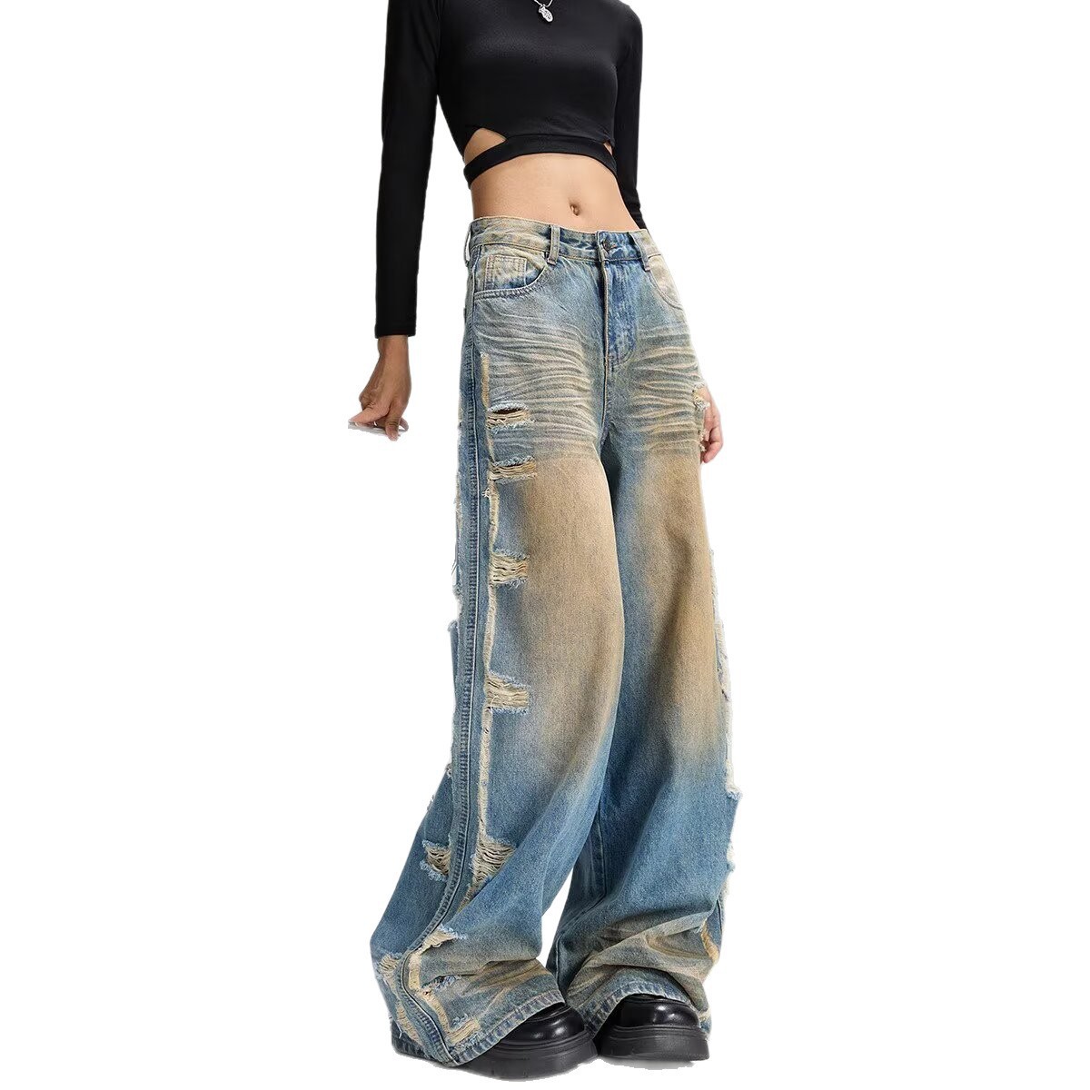 Unisex High-Waisted Wide Leg Jeans Vintage Washed Blue Distressed Artful Rips Bleached 90s Streetwear Revival Non-Stretch Cotton_mkmklike.com
