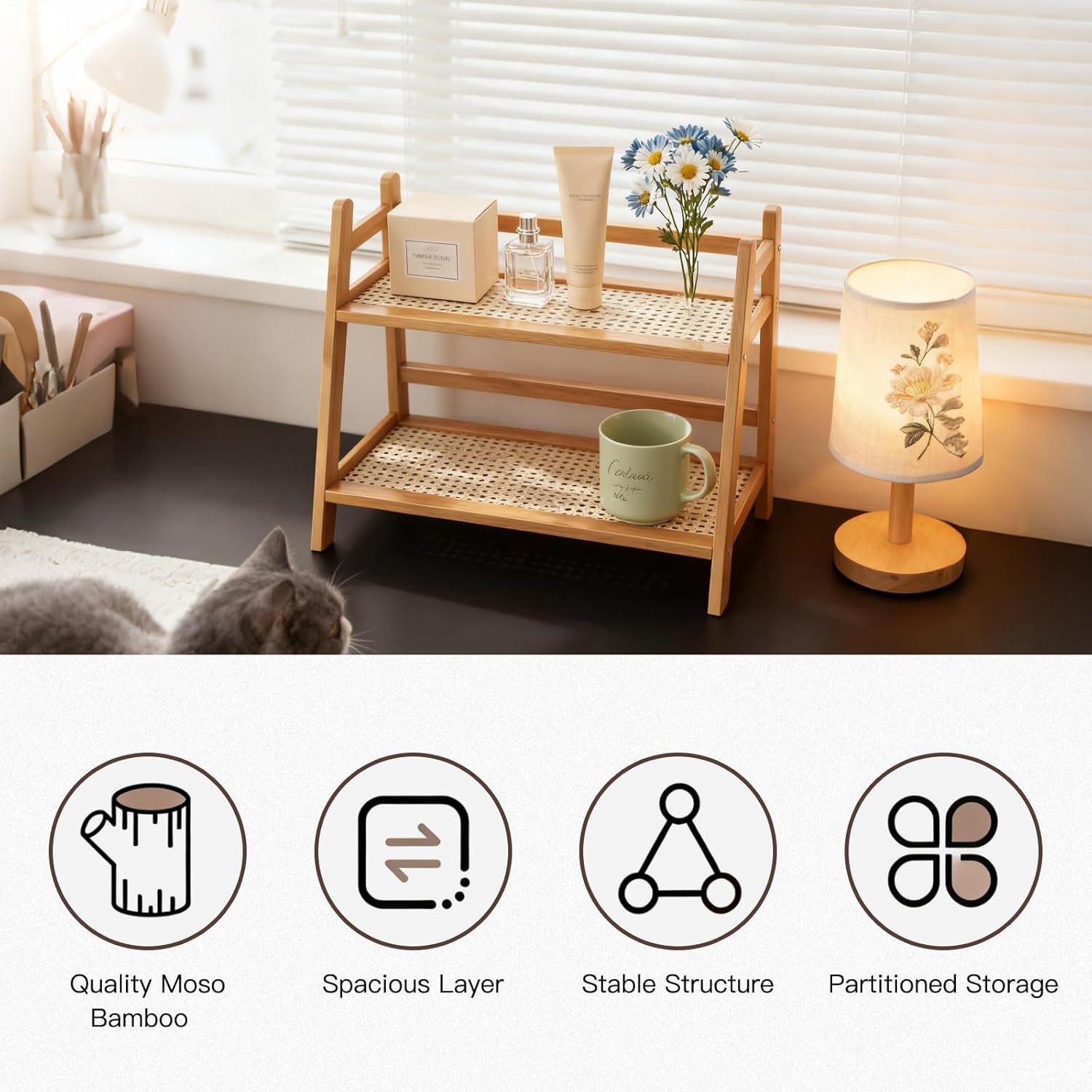 Cup Holder Kitchen Storage Box Bamboo Rattan Woven Spice Rack Spice Holder Coffee Mat Storage Rattan Rack 45X18X28.5 cm