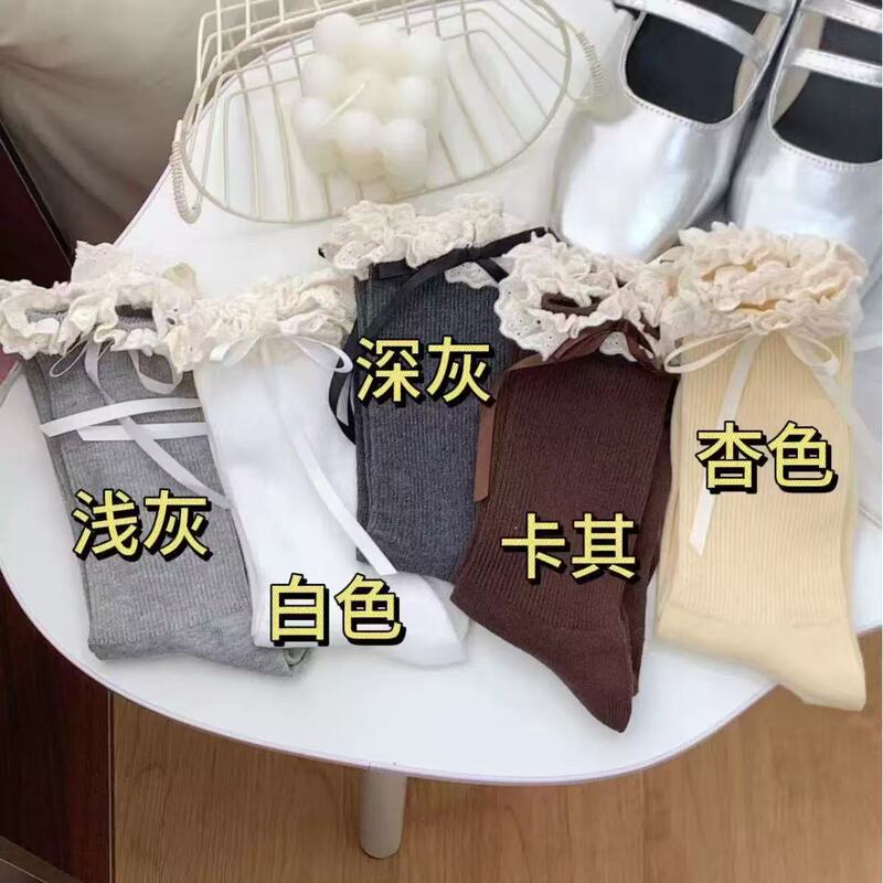 亚马逊设计师款新品朵朵花边蝴蝶结丝批发无骨堆堆袜中筒堆堆袜|undefined