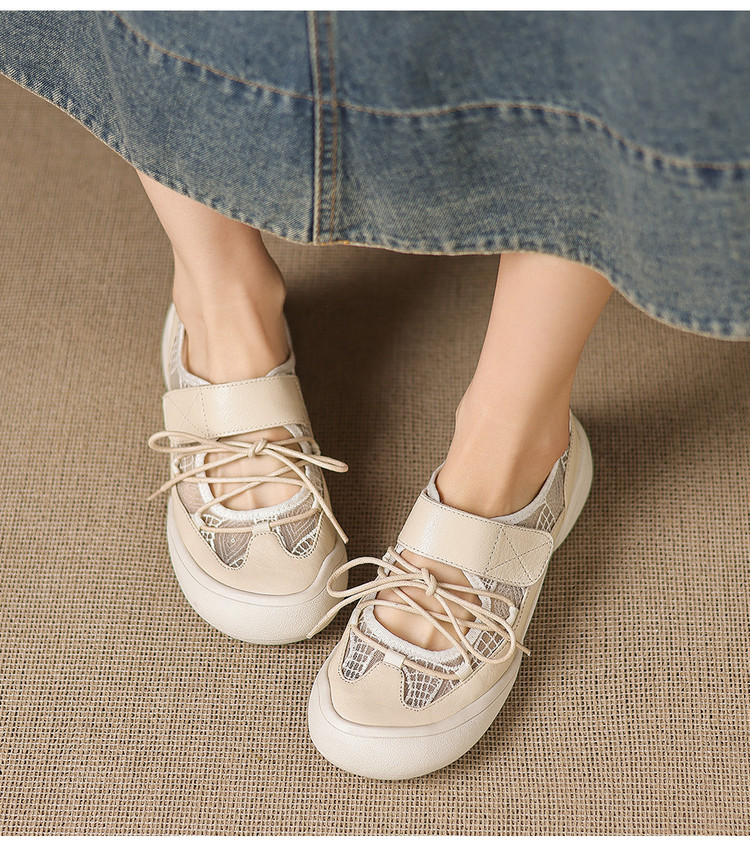 Giày sneaker nữ đế dày ren lưới phối màu cổ thấp — màu trắng ngà chi tiết 16