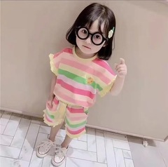 子供半袖スーツベビーストライプレインボーツーピーススーツおしゃれ子供服カジュアルショーツアウターガールズTシャツ