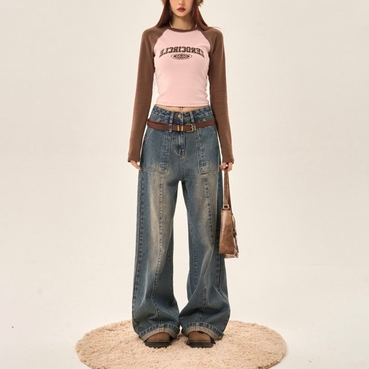 Wild zerocircle retro blue jeans for women in spring and autumn niche slim loose wide-leg straight dad pants