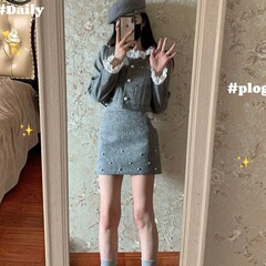 法式千金风蕾丝拼接短外套春秋季新款纯欲高腰包臀半身裙两件套女