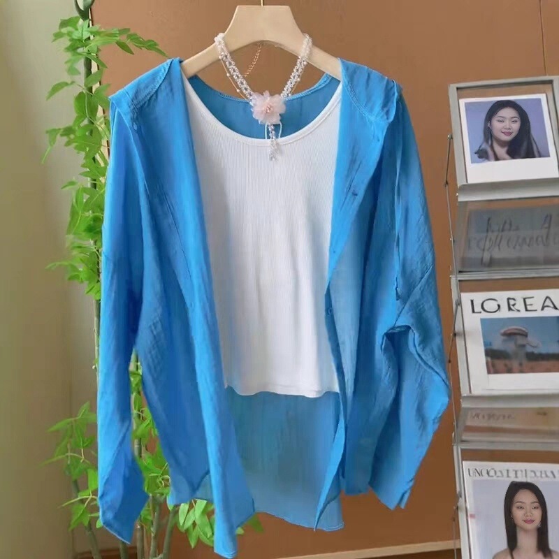十三行韩系休闲连帽防晒衬衫外套女夏季时尚减龄洋气吊带两件套装|undefined