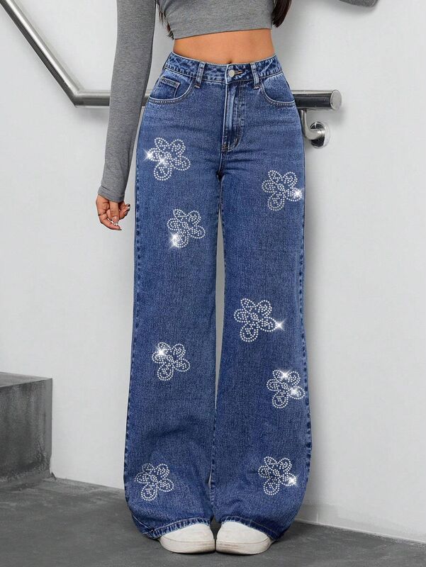 欧美跨境女装牛仔裤 25秋季新款花朵烫钻宽松直筒牛仔长裤女JEANS|undefined