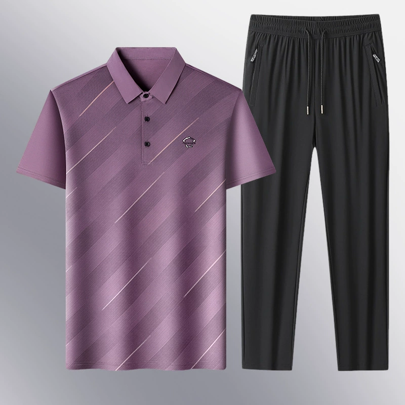 Костюм из ледяного шелка для людей среднего и пожилого возраста, с короткими рукавами с лацканами, дышащий, прохладный, с кондиционером, быстросохнущий комплект из двух предметов: рубашка-поло и брюки для папы.