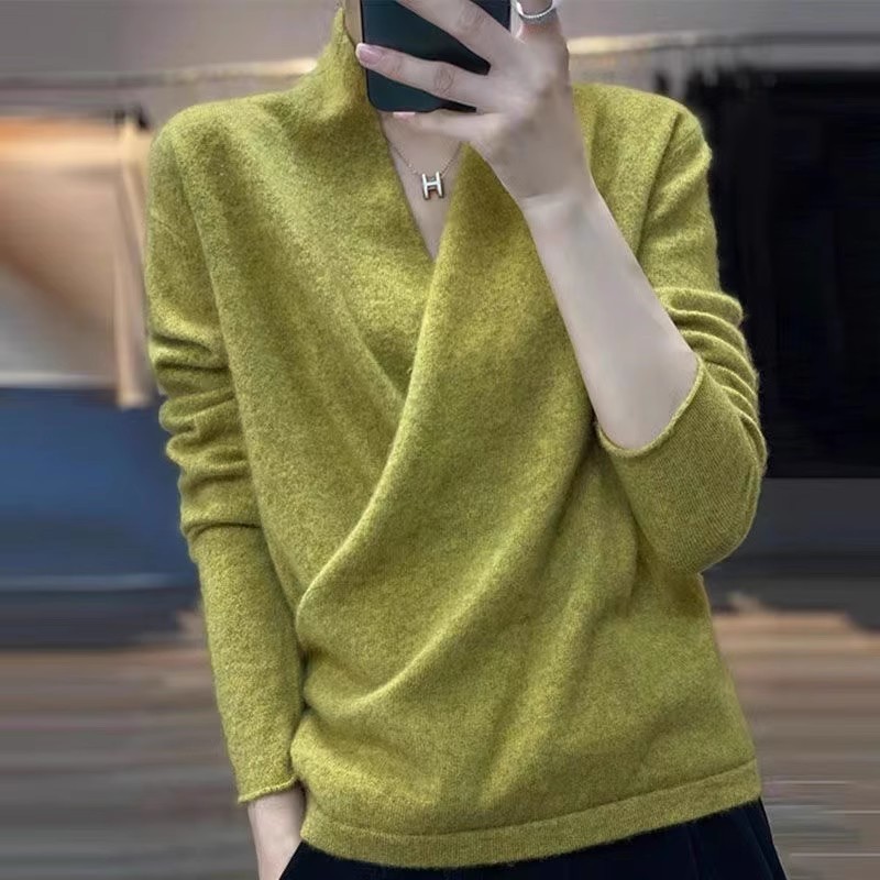 In-Stock Direct from Manufacturer: Cross V-Neck Cashmere Sweater for Women, Long-Sleeved, Loose-Fitting Kimono-Style Knitwear, Sweater, Base Layer Shirt