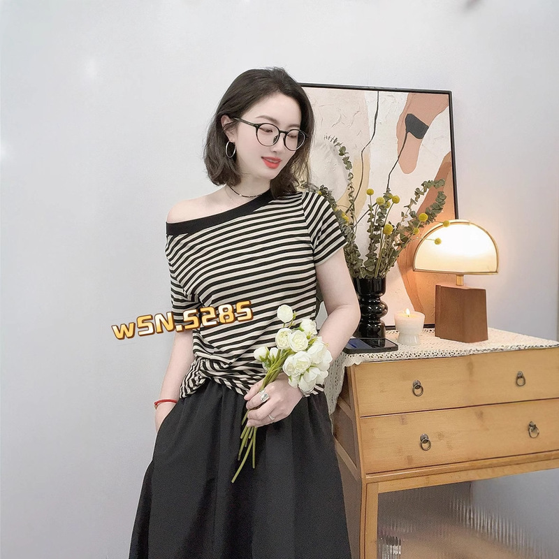 2026 Summer New Style Pullover Striped Irregular Design Women's Top Short-Sleeved T-Shirt 5727