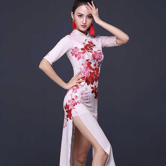 夏の新しい大人の女性のラテンダンスパフォーマンス服クラシックダンスロングタイトドレスチャイナスプリット|undefined