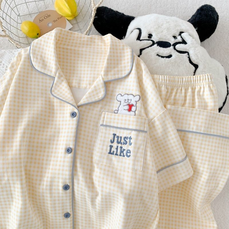 Pure Cotton Cute Cardigan Pajamas for Women Summer Short-Sleeved Shorts and Pants Three-In-One Can Be Worn Outside Three-Piece Suit Home Clothes Pure Cotton Cute Cardigan Pajamas for Women Summer Short-Sleeved Shorts and Pants Three-In-One Can Be Worn Outside Three-Piece Suit Home Clothes