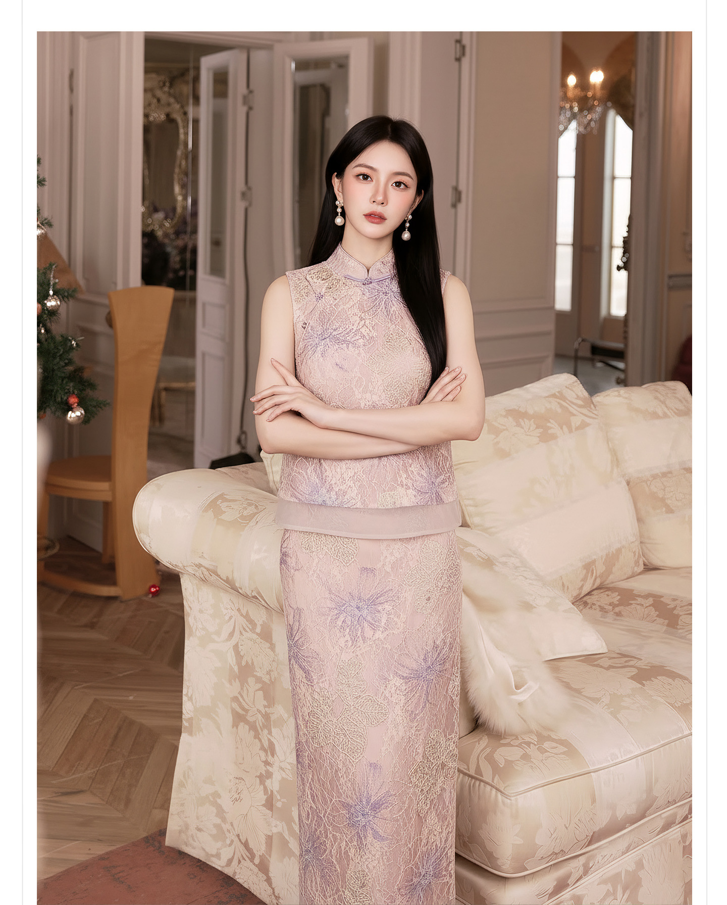 Set áo khoác gile + chân váy maxi Tân Trung Hoa thêu hoa, tay phối ren, eo thắt dây — nửa váy, Trang chủ chi tiết 4