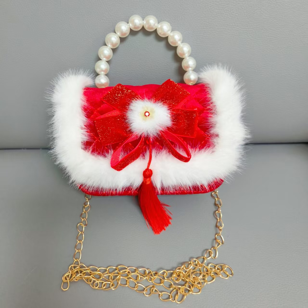 Gran bolso portátil de perla roja, cadena de arco, bolso cuadrado, bolso de Año Nuevo para chicas, bolso de Año Nuevo, viento fragante