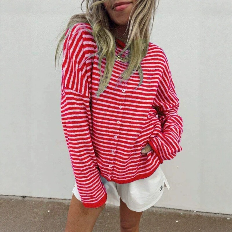 In stock 2026 Amazon European and American cross-border striped knitted cardigan for women, fashionable versatile coat, sweater, Christmas sweater In stock 2026 Amazon European and American cross-border striped knitted cardigan for women, fashionable versatile coat, sweater, Christmas sweater