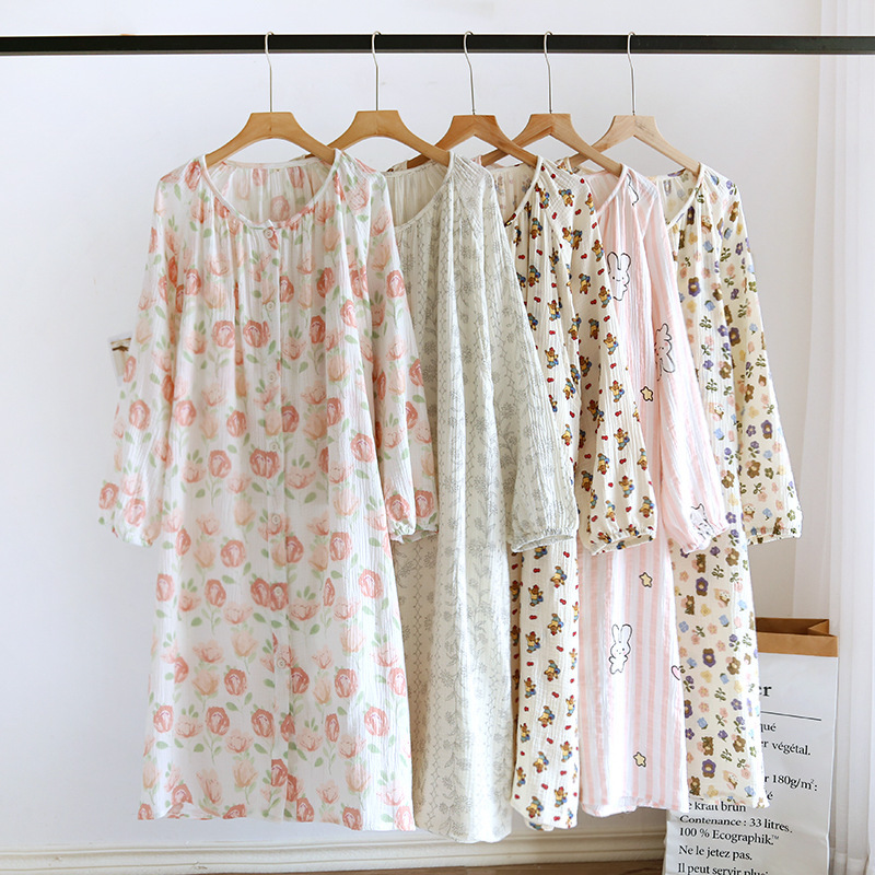 Maternity Long-Sleeved Nightgown, Breastfeeding Round Neck, Spring, Summer and Autumn Long Skirt, Nursing Skirt, Sweet Floral Home Dress