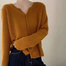 白枕鹤春秋外套姜黄色开衫新款短款修身长袖外穿宽松毛衣打底上衣