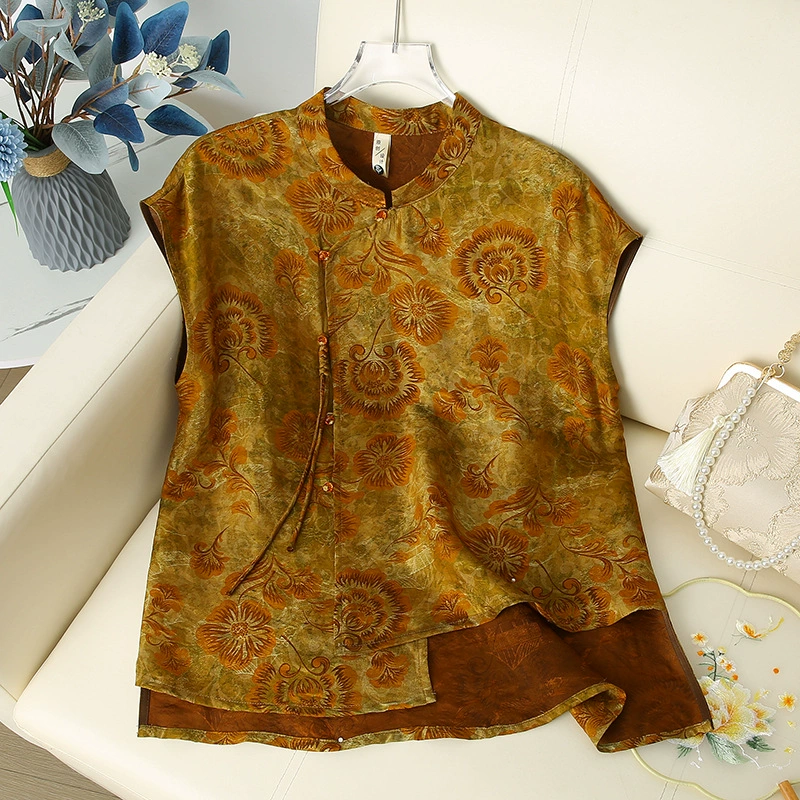 Новый жаккардовый топ в китайском стиле в стиле ретро для женщин, летняя новая стильная легкая роскошная элегантная высококачественная рубашка с воротником-стойкой и половиной рукавов