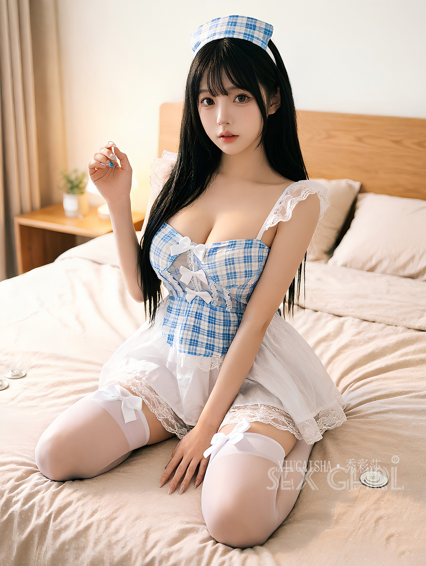 Blue Plaid Lace Maid Outfit Set with White Bow Stockings, One Size — detail image 8