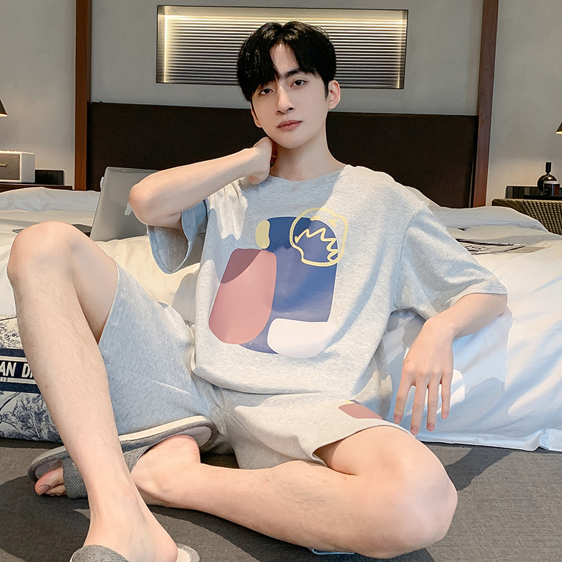 100% Cotton Pajamas Men's Summer Teenager Short-sleeved Shorts Simple Casual Tight Cotton Outer Wear for Home