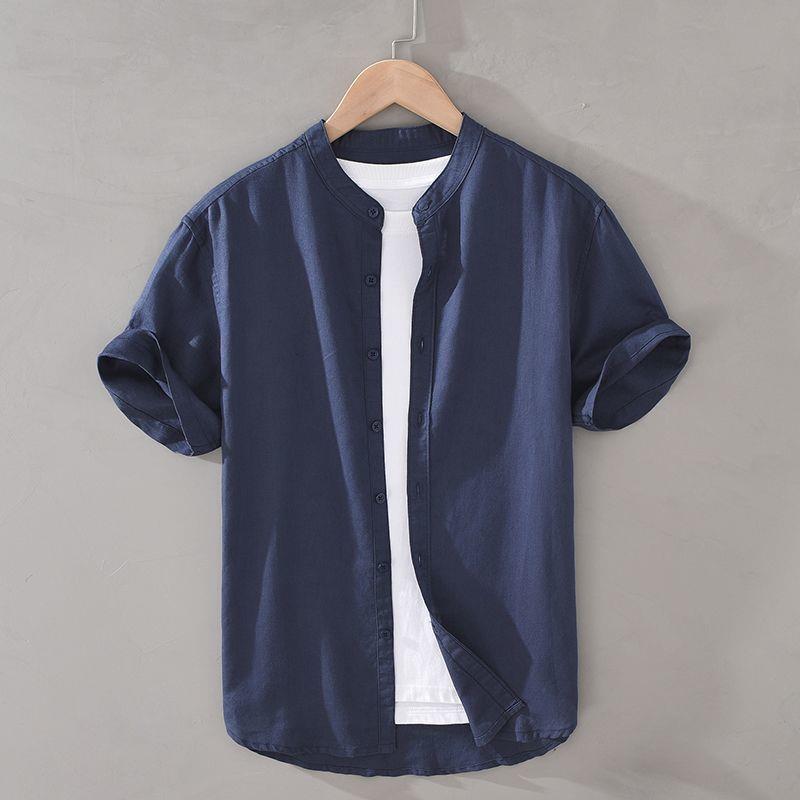 Camisa de algodón y lino de manga corta con cuello alto básico de verano japonés Camisa blanca de lino suelta fresca y delgada para hombre