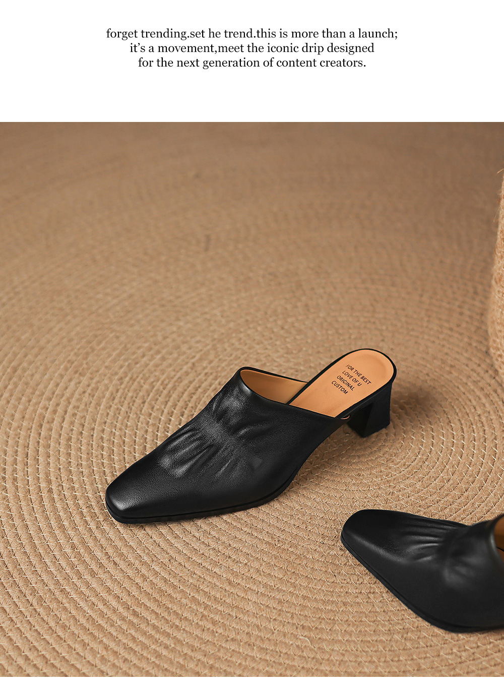 Sandal nữ bít mũi hở gót cao gót thô 5 cm, da bò mùa xuân hè — đen chi tiết 20