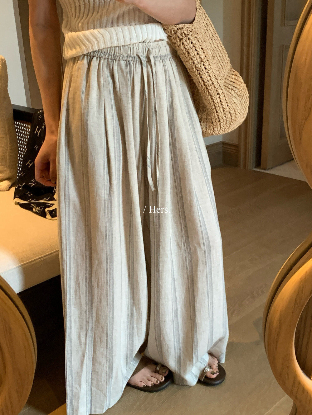 Quần culottes nữ ống rộng cạp cao chun rút dây sọc kẻ chất liệu ramie mùa hè — Màu cà phê, màu mơ chi tiết 31