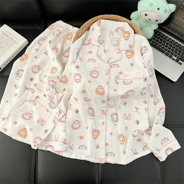 Al por mayor transfronterizo 2026 nuevo pijama de mujer nubes de algodón pantalones de manga larga cardigan con solapa de dibujos animados ropa para el hogar se puede usar fuera