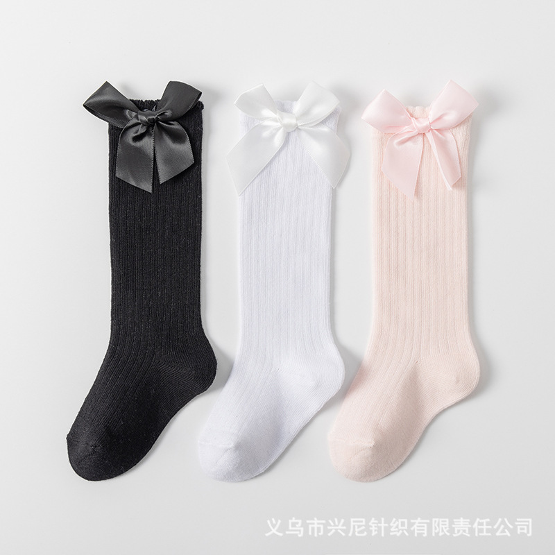 Spring and Autumn Baby Socks Baby Knee-High Big Bow Dress Girl Student Spanish Princess Pink Socks Loosen