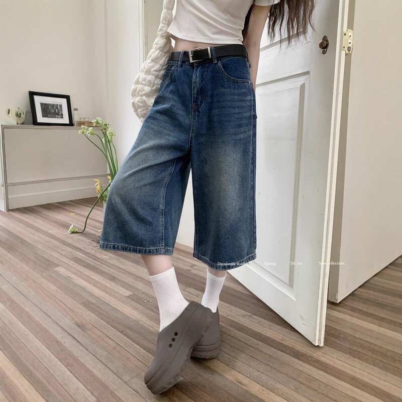 American Retro Denim Cropped Pants for Women, Summer Petite High-Waisted Loose Wide-Leg Capri Pants, Straight Shorts for Women