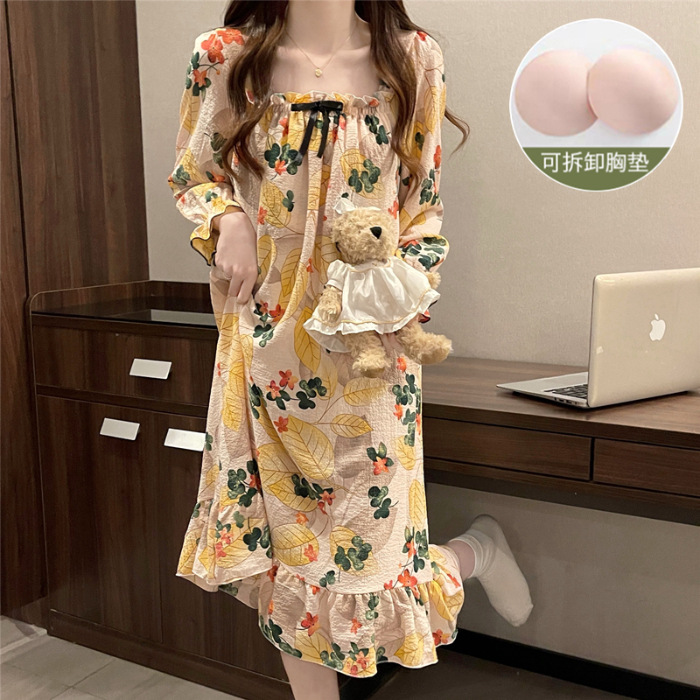 Pijama de mujer de verano dulce chaleco de cinturón de pecho tejido de algodón espuma tela arrugada pijama de mujer de verano vestido lindo