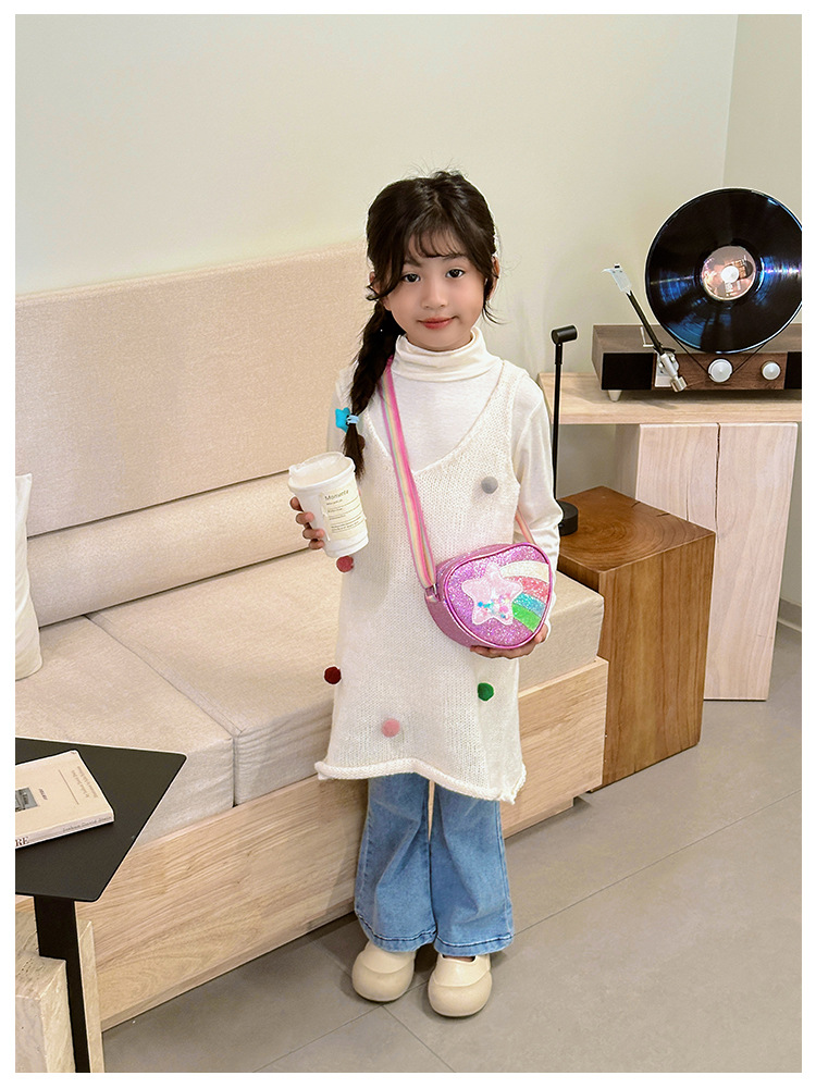 178g Weight Polyester Lining Material Zipper Closure Type Single Shoulder Strap Strap Type Shoulder Bag, Crossbody Bag Bags Type Daily Occasion Pu Leather Material Star, Stripe Pattern All Seasons Season Kid'S Gender Cute Style Heart-shaped Shape Kid'S Pu Leather Star Stripe Cute Heart-shaped Zipper Shoulder Bag Crossbody Bag 12
