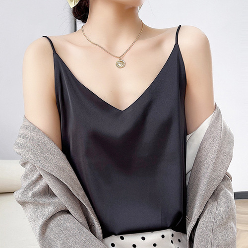 Silk Slip Dress Women's Nipple Cover Pure Color Fashion Satin V-Neck Mini Backless Top Underwear Sexy Outerwear Summer Short-Sleeve Vinegar