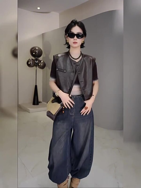 圆领单排扣复古PU皮短款马甲女2025早秋新款时尚百搭无袖坎肩上衣|undefined